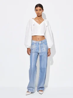 PARFOIS Camisa Cropped Manga Abullonada Blanco Store