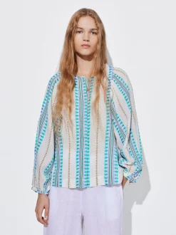 PARFOIS Camisa Jacquard Manga Abullonada Azul Cheap