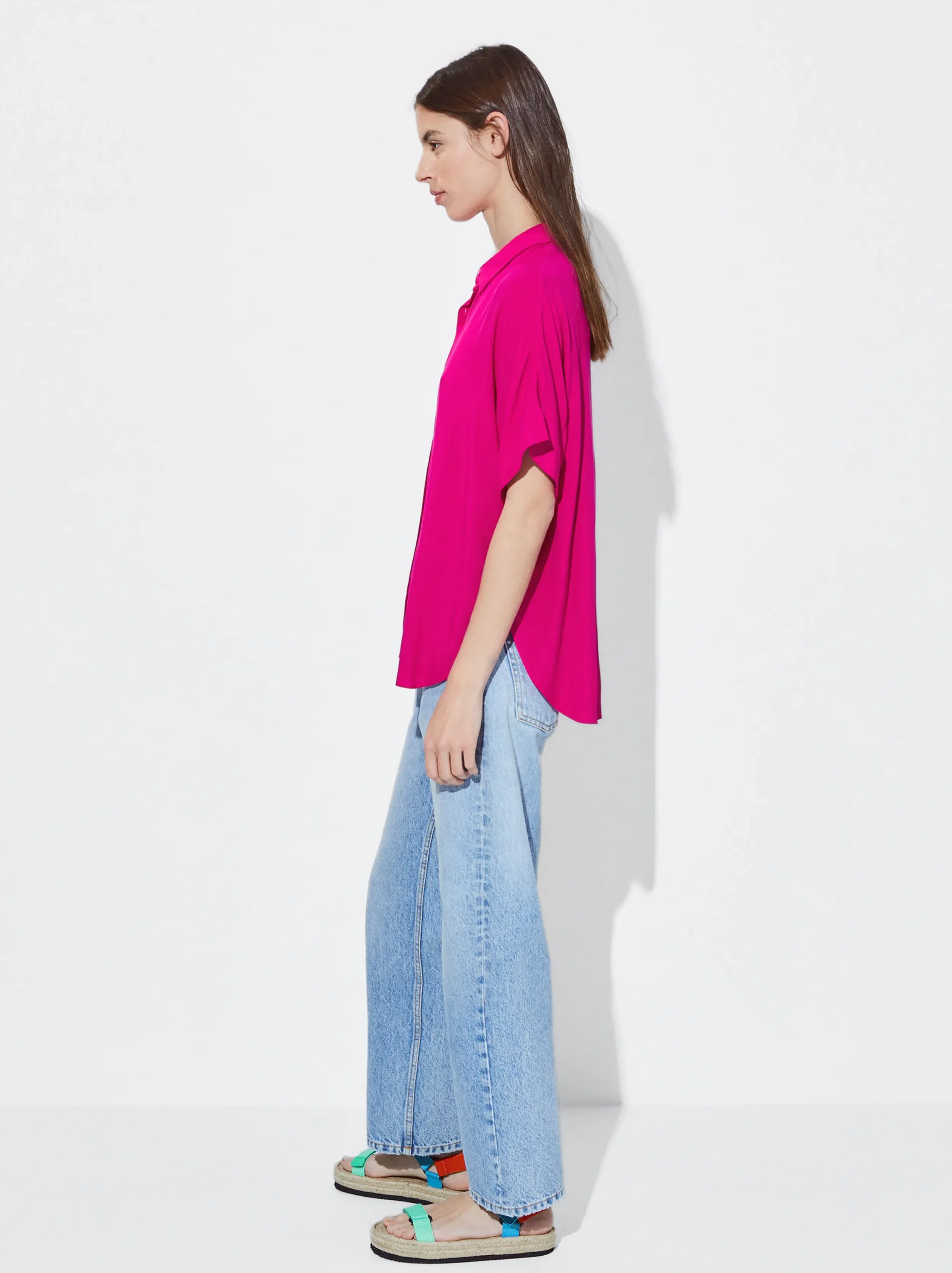 PARFOIS Camisa Manga Corta Con Botones Fucsia New