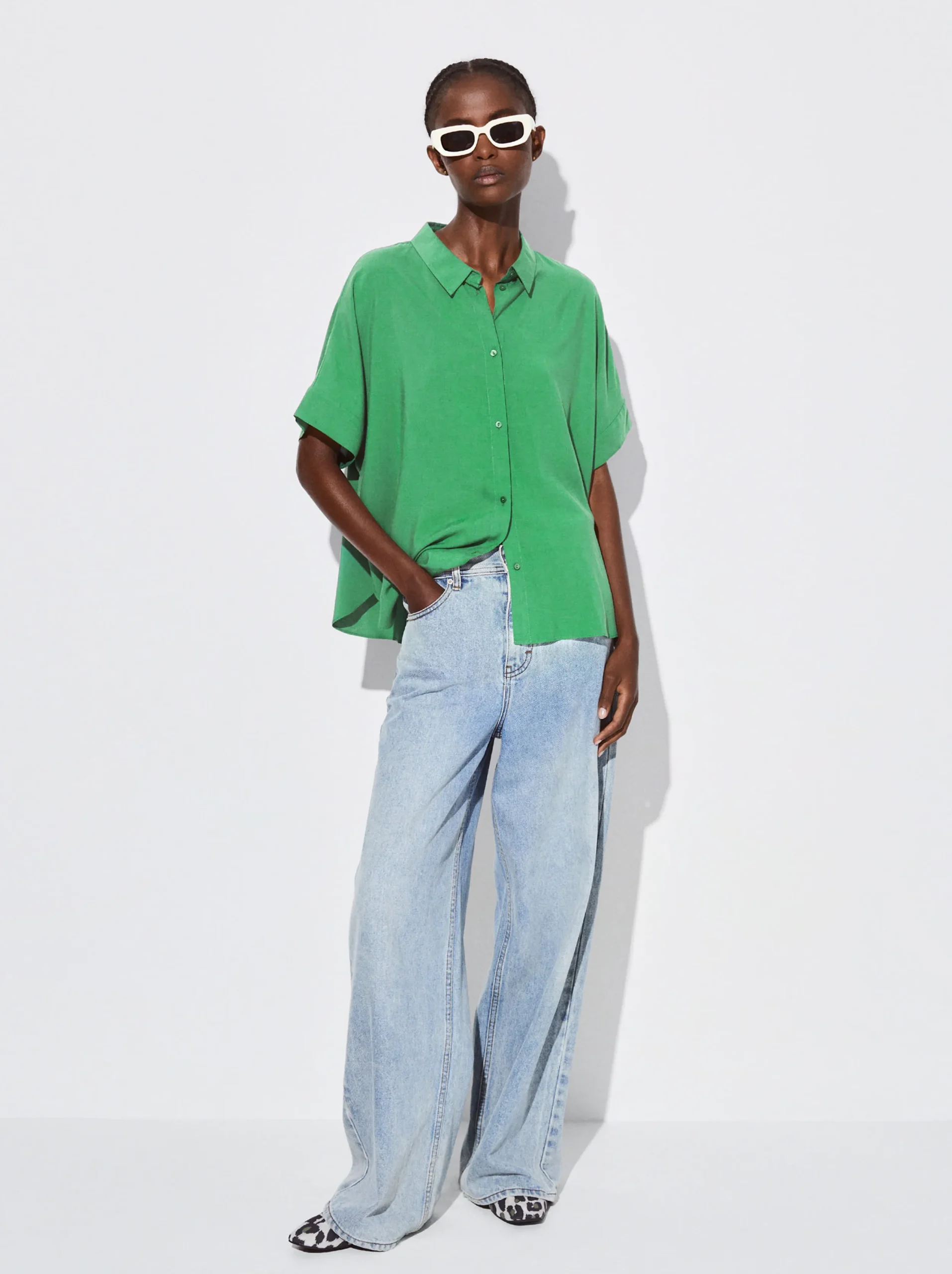 PARFOIS Camisa Manga Corta Con Botones Verde Outlet