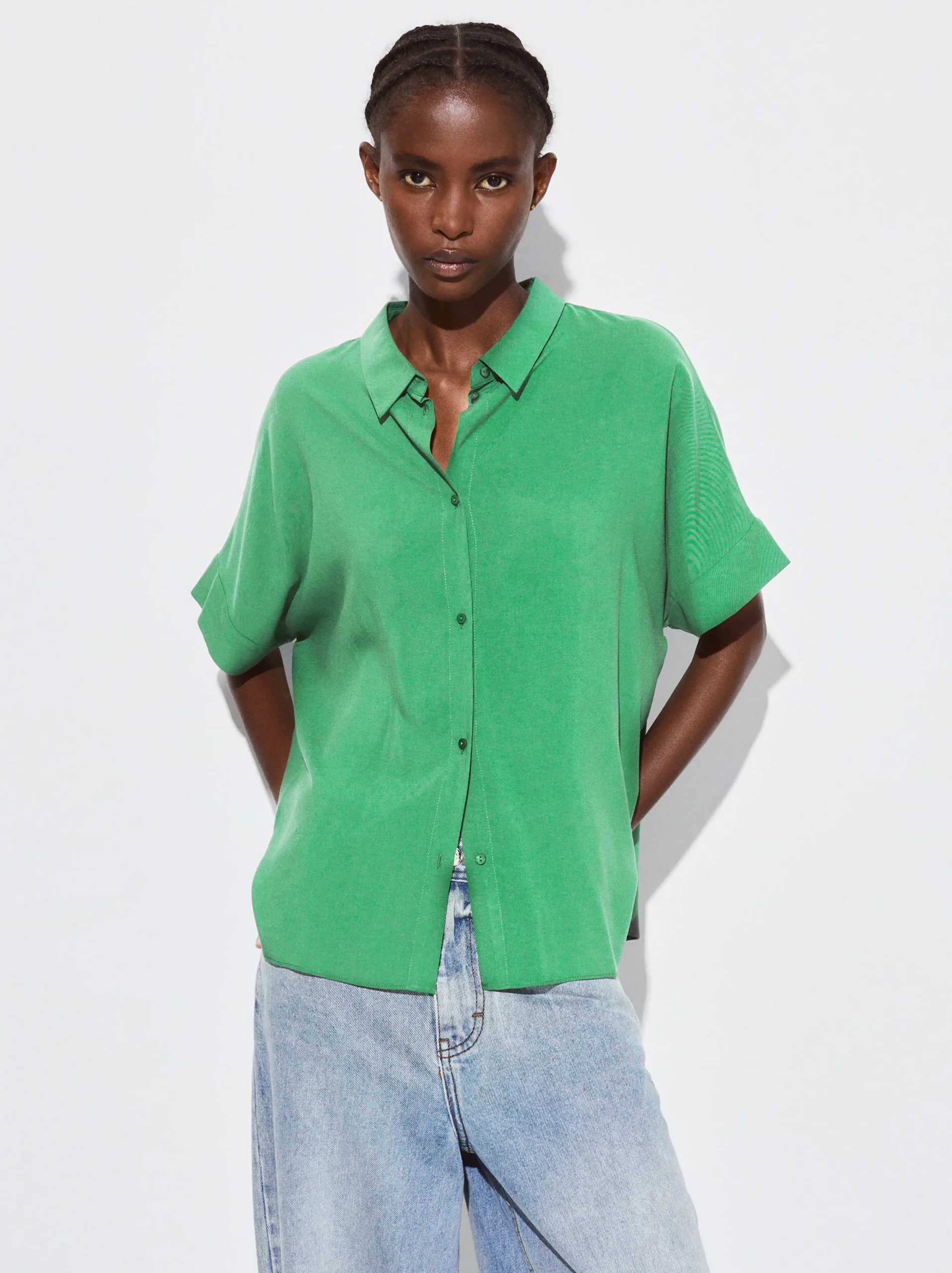 PARFOIS Camisa Manga Corta Con Botones Verde Outlet