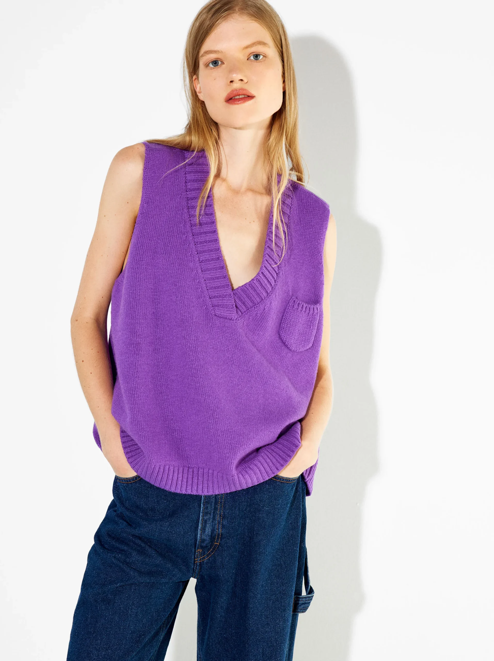 PARFOIS Chaleco De Punto Con Cuello De Pico Violeta Sale