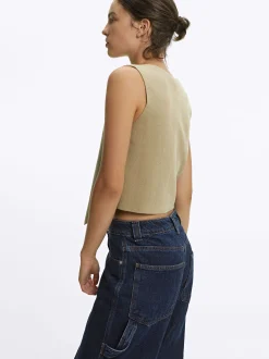 PARFOIS Chaleco De Punto Con Cuello De Pico Camel Flash Sale