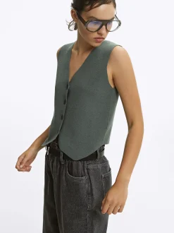 PARFOIS Chaleco De Punto Con Cuello De Pico Verde Store