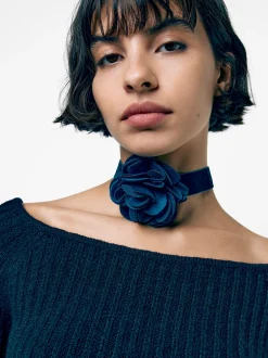 PARFOIS Choker Flor Terciopelo Azul Cheap