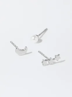 PARFOIS Conjunto De Pendientes Con Perla Y Charms Plateado Fashion