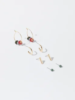 PARFOIS Conjunto De Pendientes Dorados Con Resina Multicor New