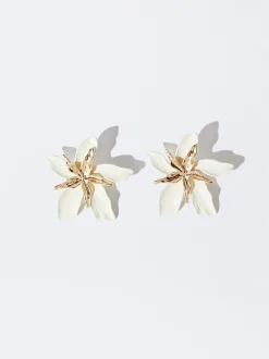 PARFOIS Pendientes Con Flor Esmaltada Beige Store