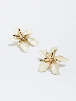 PARFOIS Pendientes Con Flor Esmaltada Beige Store