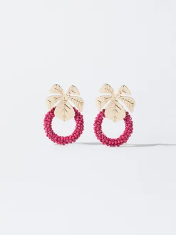 PARFOIS Pendientes Con Hoja Y Abalorios Fucsia Discount