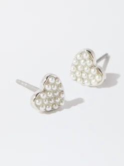 PARFOIS Pendientes Coraz&oacute;n Con Perlas Plateado Cheap