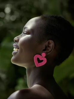 PARFOIS Pendientes Coraz&oacute;n Con Abalorios Fucsia Hot