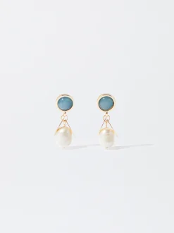 PARFOIS Pendientes Dorados Con Perlas Azul New