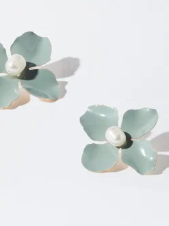 PARFOIS Pendientes Flor Con Perla De Agua Dulce Azul Flash Sale