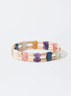 PARFOIS Pulsera El&aacute;stica Dorada Con Piedras Multicor Fashion