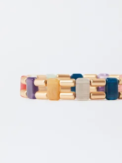 PARFOIS Pulsera El&aacute;stica Dorada Con Piedras Multicor Fashion