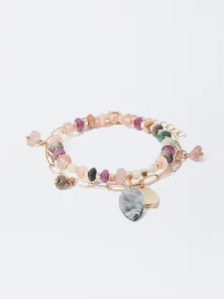 PARFOIS Pulsera R&iacute;gida Dorada Con Piedras Multicor Hot
