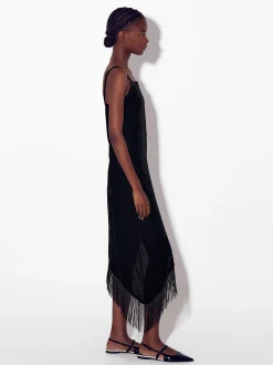 PARFOIS Vestido Asim&eacute;trico De Terciopelo Con Flecos Negro Sale