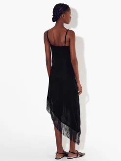 PARFOIS Vestido Asim&eacute;trico De Terciopelo Con Flecos Negro Sale