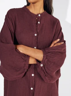 PARFOIS Vestido Camisero 100% Lino Burdeos Cheap