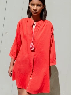 PARFOIS Vestido Camisero Algod&oacute;n Rojo Cheap