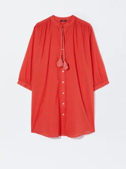 PARFOIS Vestido Camisero Algod&oacute;n Rojo Cheap
